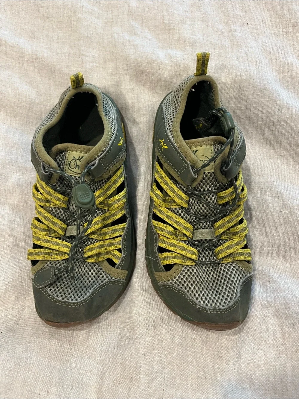 Chaco kids Athletic Trail Shoes in Olive Green and Yellow Accent